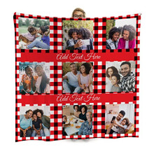 Large Warm Luxury Fleece Throw | Personalised Red Gingham Photo Fleece | Soft Bed Blanket Chair Custom 9 Photo Blanket | 150cm x 150cm Made in