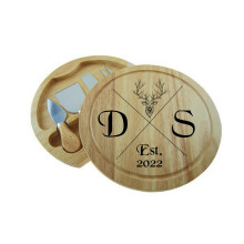 Personalised Round Cheese Board & 4 Pce Knife Serving Set - Stag
