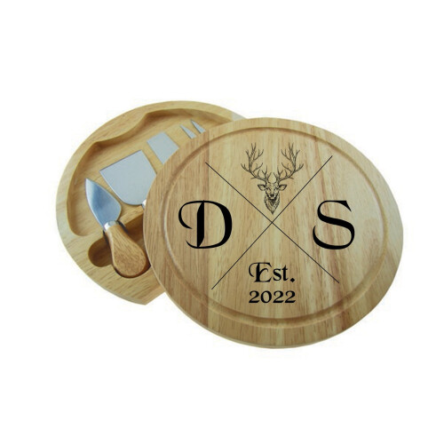 Personalised Round Cheese Board & 4 Pce Knife Serving Set - Stag