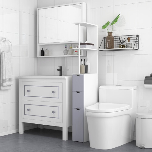 (Multicolor, Engineered Wood) Tall Freestanding Bathroom Cabinet, White & Grey 1