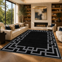 (200x290cm, Greek Key Black) Short Pile Geometric Rug | Extra Soft Faux Fur Non Slip Rubber Backed Carpet