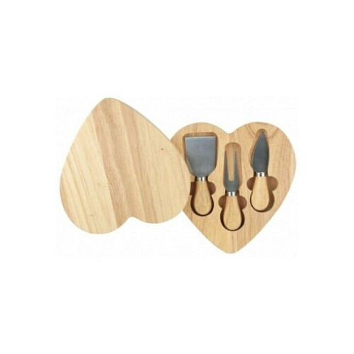 Rubberwood Heart Shaped Cheese Board with 3 Piece Accessory Set