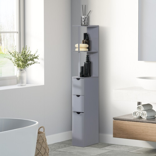 (Grey, Engineered Wood) Tall Grey Freestanding Bathroom Cabinet 1
