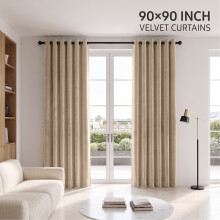 (90 x 90 (229cm x 229cm), Beige) Luxury Velvet Curtains Ready Made Eyelet Thermal Soft Plush | 315 GSM Premium Quality