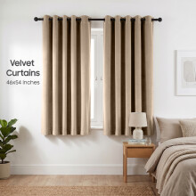 (46 x 54 (116cm x 137cm), Beige) Luxury Velvet Curtains Ready Made Eyelet Thermal Soft Plush | 315 GSM Premium Quality