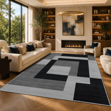 (200x290cm, Scandinavian Black Grey) Short Pile Geometric Rug | Extra Soft Faux Fur Non Slip Rubber Backed Carpet