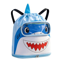 Children Beach Backpack Cartoon Shark Large Capacity Drawstring Swim Gear Bag Kids' Shark Swimming Bag Blue Drawstring Backpack