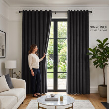 (90 x 90 (229cm x 229cm), Black) Luxury Velvet Curtains Ready Made Eyelet Thermal Soft Plush | 315 GSM Premium Quality