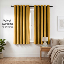 (46 x 54 (116cm x 137cm), Ochre Yellow) Luxury Velvet Curtains Ready Made Eyelet Thermal Soft Plush | 315 GSM Premium Quality