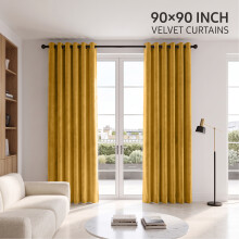 (90 x 90 (229cm x 229cm), Ochre Yellow) Luxury Velvet Curtains Ready Made Eyelet Thermal Soft Plush | 315 GSM Premium Quality