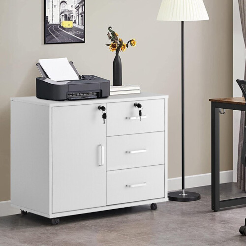 White Office Filing Cabinet Mobile Printer Stand File Storage Drawers Lockable
