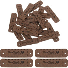 20 Pcs Handmade Leather Labels, PU Leather Handmade Tags Button with Hole Embossed Tag for Embellishment DIY Sewing Crafts, 55x15mm, Dark Brown