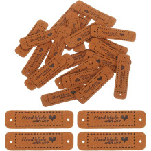 20 Pcs Handmade Leather Labels, PU Leather Handmade Tags Button with Hole Embossed Tag for Embellishment DIY Sewing Crafts, 55x15mm, Brown