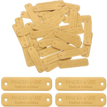 50 Pcs Handmade Leather Labels, PU Leather Handmade Tags Button with Hole Embossed Tag for Embellishment DIY Sewing Crafts, 55x15mm, Yellow