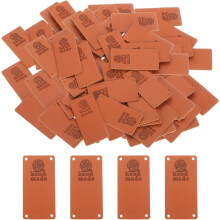 100 Pcs Handmade Leather Labels, PU Leather Handmade Tags Button with Hole Embossed Tag for Embellishment DIY Sewing Crafts, 50x25mm, Brown