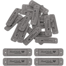 20 Pcs Handmade Leather Labels, PU Leather Handmade Tags Button with Hole Embossed Tag for Embellishment DIY Sewing Crafts, 55x15mm, Grey