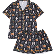 (Black, M) Women's Pajama Set Halloween Print Lapel Short Sleeve Loose Casual Lounge Wear Two Piece