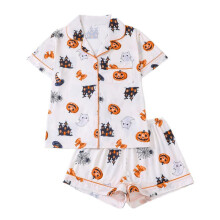(White, XL) Women's Pajama Set Halloween Print Short Sleeve Loose Sleepwear Lounge Wear Cotton Two Piece