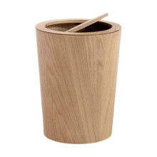 (Wood Color) Japanese style trash can, round wooden waste bin with lid for kitchen bedroom
