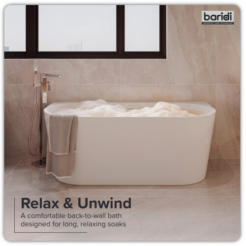Dellonda Baridi Back-to-Wall Slim Rim Bath with Overflow System 170cm, Gloss White - DH422 2