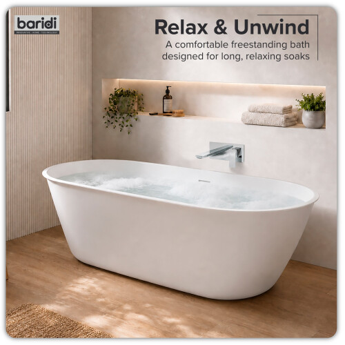 Dellonda Baridi Double-Ended Slim Rim Bath with Overflow System 150cm, Gloss White - DH416 2