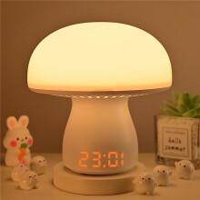 Mushroom Table Lamp with Clock, Remote Control Rechargeable Night Light, 3600mAh Battery, 3 Color Modes LED Lamp