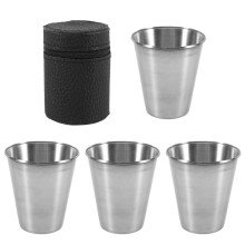 Stainless Steel Shot Cups, Set of 4 Cups, Metal Shot Glasses, Stackable, Hip Flask Small with Leather Bag for Outdoor