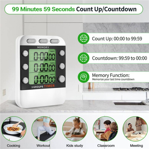 Digital Dual Kitchen Timer, 3 Channels Count /Down Timer, Triple Cooking Timer, Large Display, Loud Volume Alarm