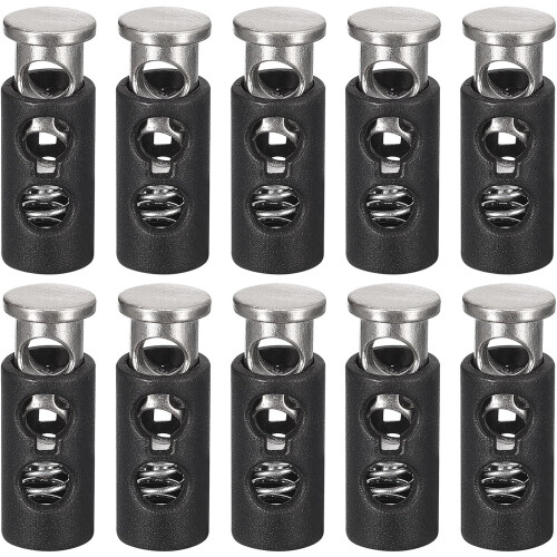 20Pcs Plastic Cord Lock Draw String Double Hole Spring Toggle Stoppers Spring Stop for Backpack Shoelaces Drawstrings, 4mm Black Silver