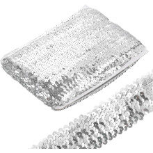 10 Yards 1.8 Inch Elastic Sequins Trim Stretch Flat Sequin Paillette Fabric Ribbon Trim Strip for Crafts Sewing Costume Dress, Silver