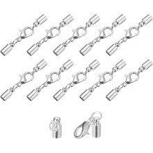 10Sets 4mm Leather Cord End Caps with Lobster Claw Clasps, Barrel Terminators for DIY Making Leather Bracelets, Silver Tone