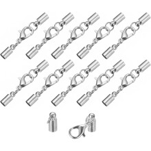 10Sets 4mm Leather Cord End Caps with Lobster Claw Clasps, Barrel Terminators for DIY Making Leather Bracelets, Rhodium Tone