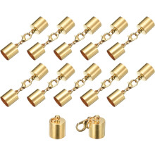 10Sets 10mm Leather Cord End Caps with Lobster Claw Clasps, Barrel Terminators for DIY Making Leather Bracelets, Light Golden