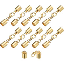 10Sets 7mm Leather Cord End Caps with Lobster Claw Clasps, Barrel Terminators for DIY Making Leather Bracelets, Light Golden