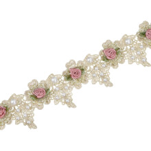 Rose Flower Embroidered Lace Trim Ribbon, 2 Yards Polyester White Pearl Embroidered Lace Trim Fabric Appliques for Wedding DIY Craft Decoration 2.2 In