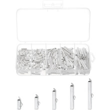 200Pcs Slide on End Clasps, 10/13/20/25/30mm Tube Ball Bead Slider Crimp Ends for Multi-Strand DIY Craft Making, Silver Tone