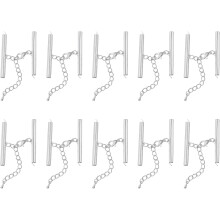 20Sets Slide on End Clasps with Lobster Claw Clasps & Extension Chain, 40mm Tube Slider Crimp Cord Ends for DIY Craft Making, Silver White
