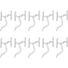 20Sets Slide on End Clasps with Lobster Claw Clasps & Extension Chain, 25mm Tube Slider Crimp Cord Ends for DIY Craft Making, Silver White