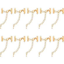 20Sets Slide on End Clasps with Lobster Claw Clasps & Extension Chain, 13mm Tube Slider Crimp Cord Ends for DIY Craft Making, Light Golden