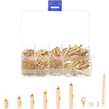 120Pcs Slide on End Clasps, 10/13/16/20/25/30mm Tube Ball Bead Slider Crimp Ends for Multi-Strand DIY Craft Making, Light Golden
