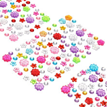 495 Pcs Gems Stickers for Crafts, 5 Sheet Self-Adhesive Gems Bling Flower Circular Rhinestone Stickers, Crystal Crafts Jewelry Stickers for Party Tabl
