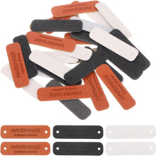 30 Pcs Handmade Leather Labels, PU Leather Handmade Tags Button with Hole Embossed Tag for Embellishment DIY Sewing Crafts, 55x15mm, Brown/Black/White