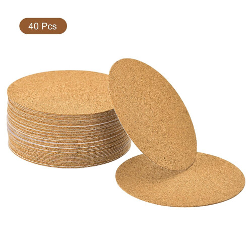40 Pcs Self-Adhesive Cork Round Coasters, 3.75" x 3.75" Brown 2