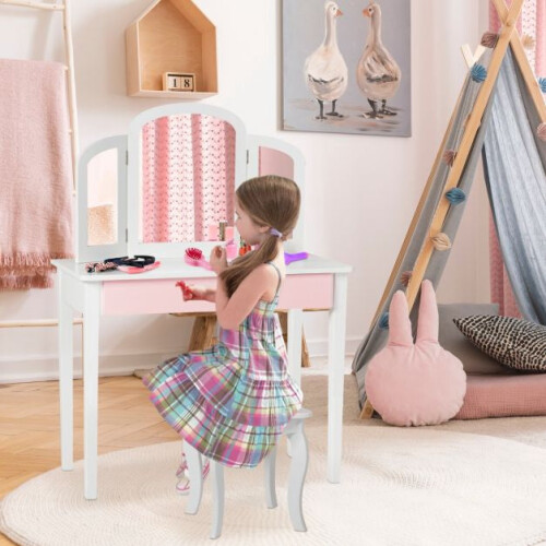 Kids Vanity Table and Stool Set, Tri-Fold Mirror, White