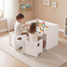 Kindertafel en -stoelenset, 3-delig, krijtbord, wit
