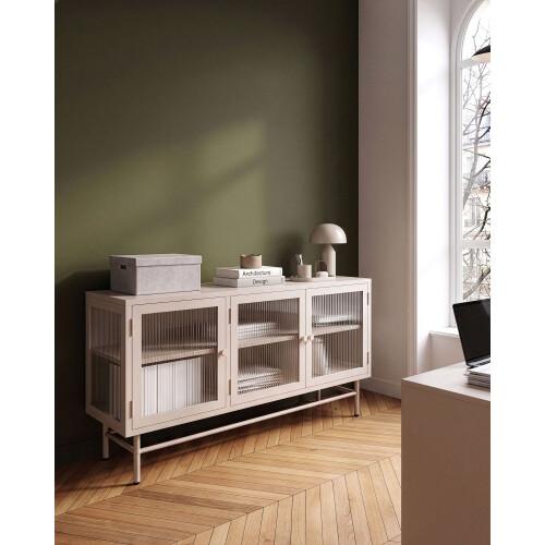 Beliani Glass Display Sideboard DEVON 115 cm Metal Beige 1