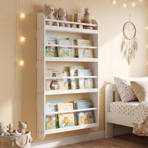 Wall-Mounted Kids Bookshelf, 4-Tier, White 1
