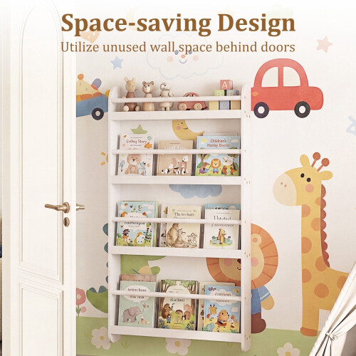 Wall-Mounted Kids Bookshelf, 4-Tier, White 2