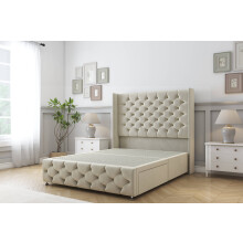 (6' Super King, Cream) Sloomy Luthor Plush Divan Bed Base 2 Drawers Foot-End With 54" Wingback Headboard & 12" Matching Footboard