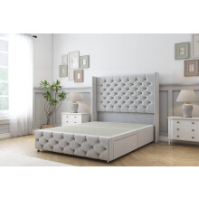 (6' Super King, Sliver) Sloomy Luthor Plush Divan Bed Base 2 Drawers Foot-End With 54" Wingback Headboard & 12" Matching Footboard